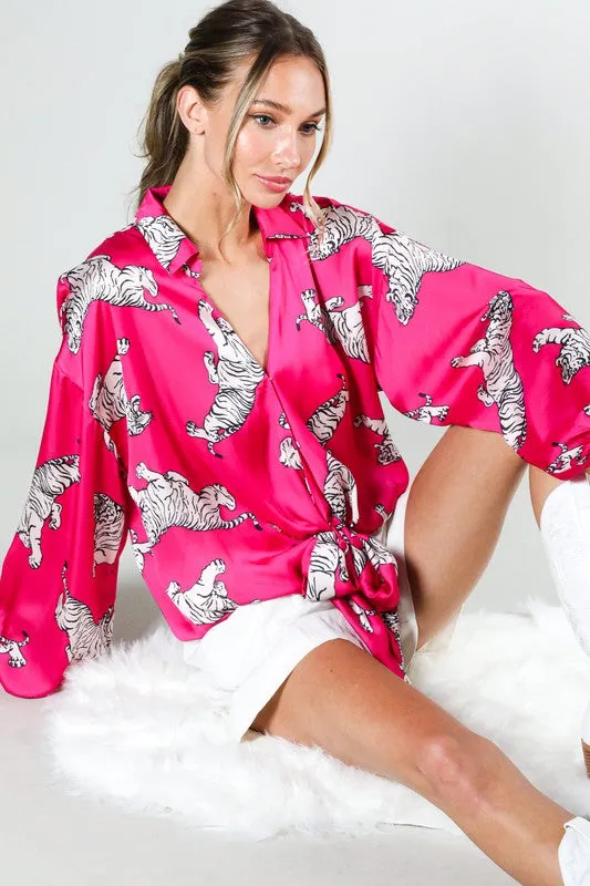 Tasha Tiger Print Tie Front Satin Top
