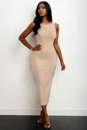 Taupe Ribbed Open Back Sleeveless Maxi Dress