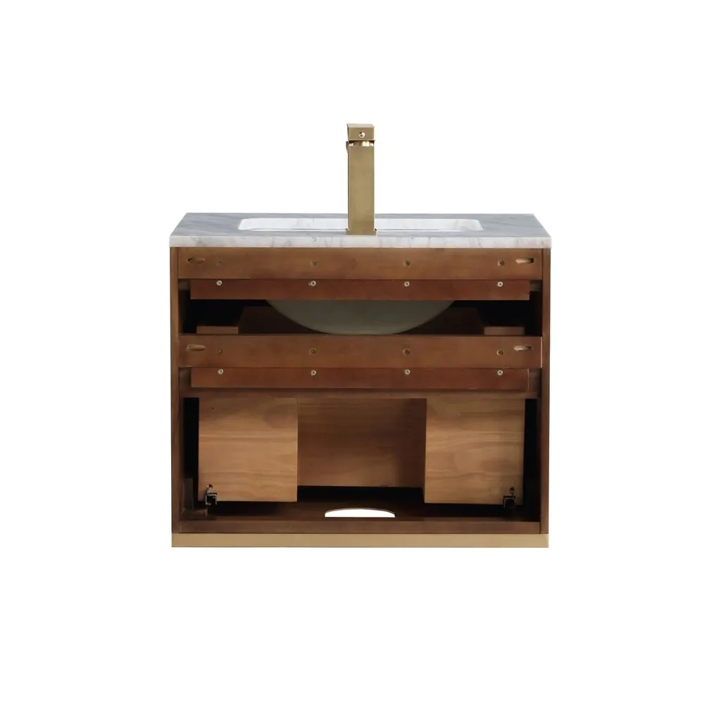 Terra 2 Drawers Bathroom Vanity with Carrara Marble Sink - Wall Mount - 24" Wood/Walnut/Satin Brass