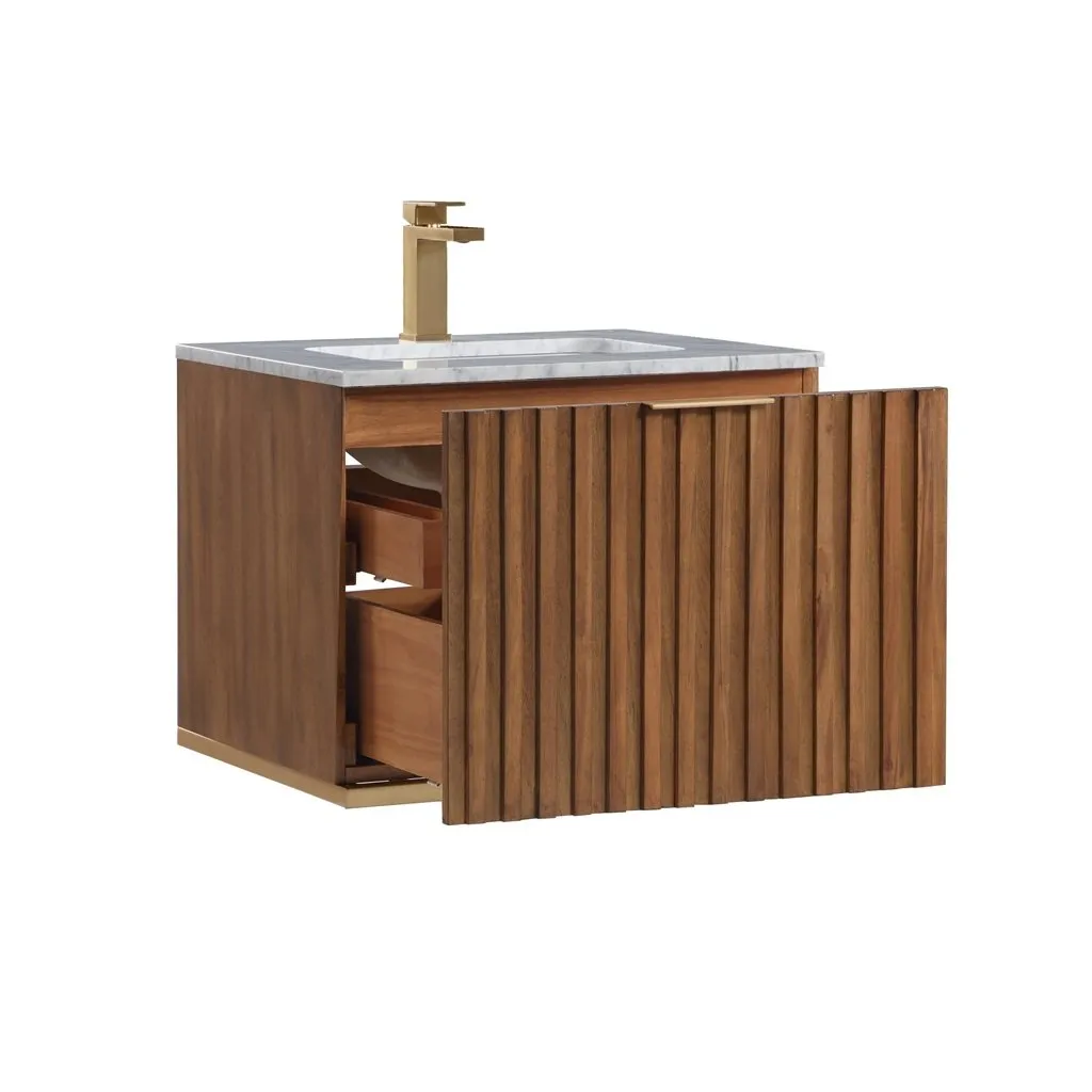 Terra 2 Drawers Bathroom Vanity with Carrara Marble Sink - Wall Mount - 24" Wood/Walnut/Satin Brass