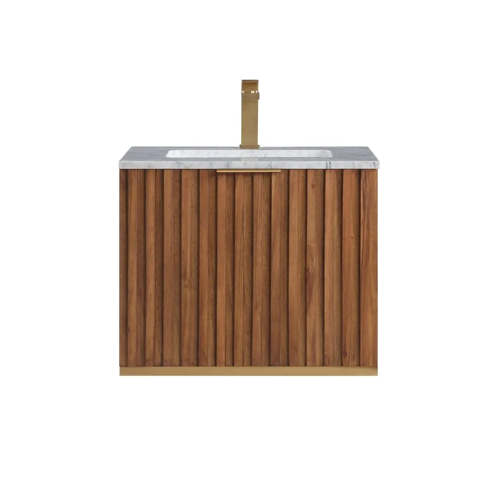 Terra 2 Drawers Bathroom Vanity with Carrara Marble Sink - Wall Mount - 24" Wood/Walnut/Satin Brass