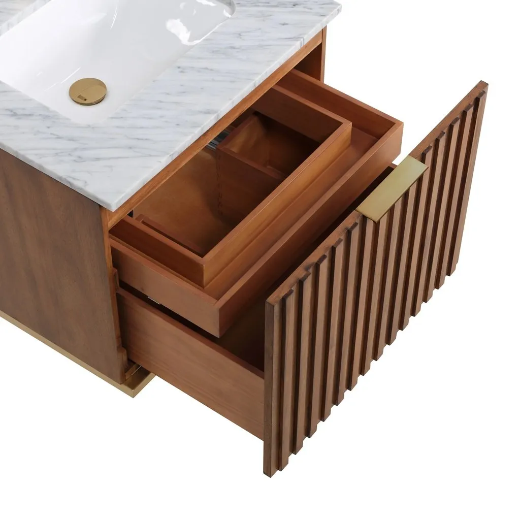 Terra 2 Drawers Bathroom Vanity with Carrara Marble Sink - Wall Mount - 24" Wood/Walnut/Satin Brass