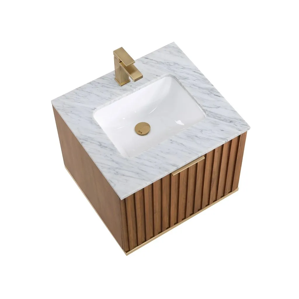 Terra 2 Drawers Bathroom Vanity with Carrara Marble Sink - Wall Mount - 24" Wood/Walnut/Satin Brass