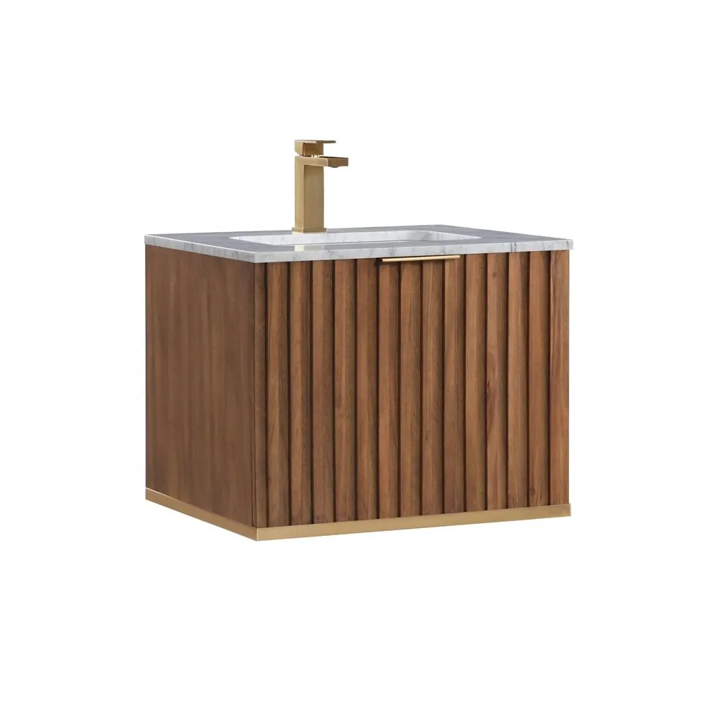 Terra 2 Drawers Bathroom Vanity with Carrara Marble Sink - Wall Mount - 24" Wood/Walnut/Satin Brass