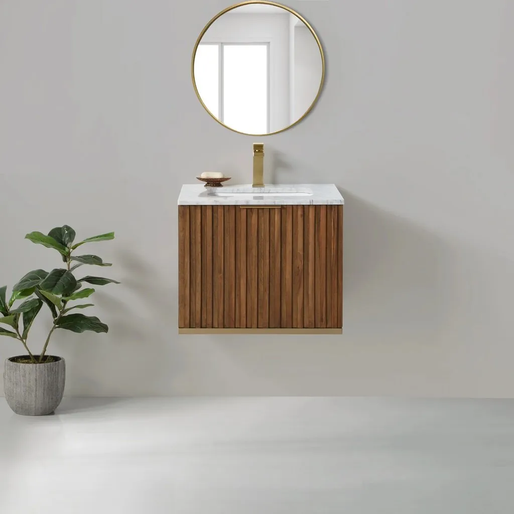Terra 2 Drawers Bathroom Vanity with Carrara Marble Sink - Wall Mount - 24" Wood/Walnut/Satin Brass