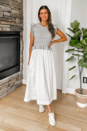 Timeless Ruffle Sleeve Sweater Dress - Grey and White