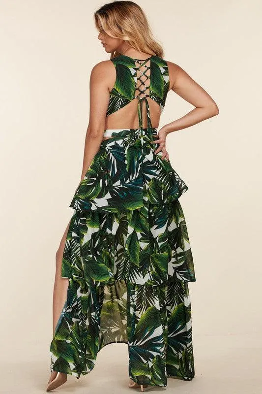Tropical Leaf Print Monokini-Inspired Maxi Dress