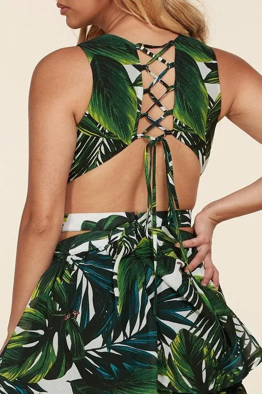 Tropical Leaf Print Monokini-Inspired Maxi Dress