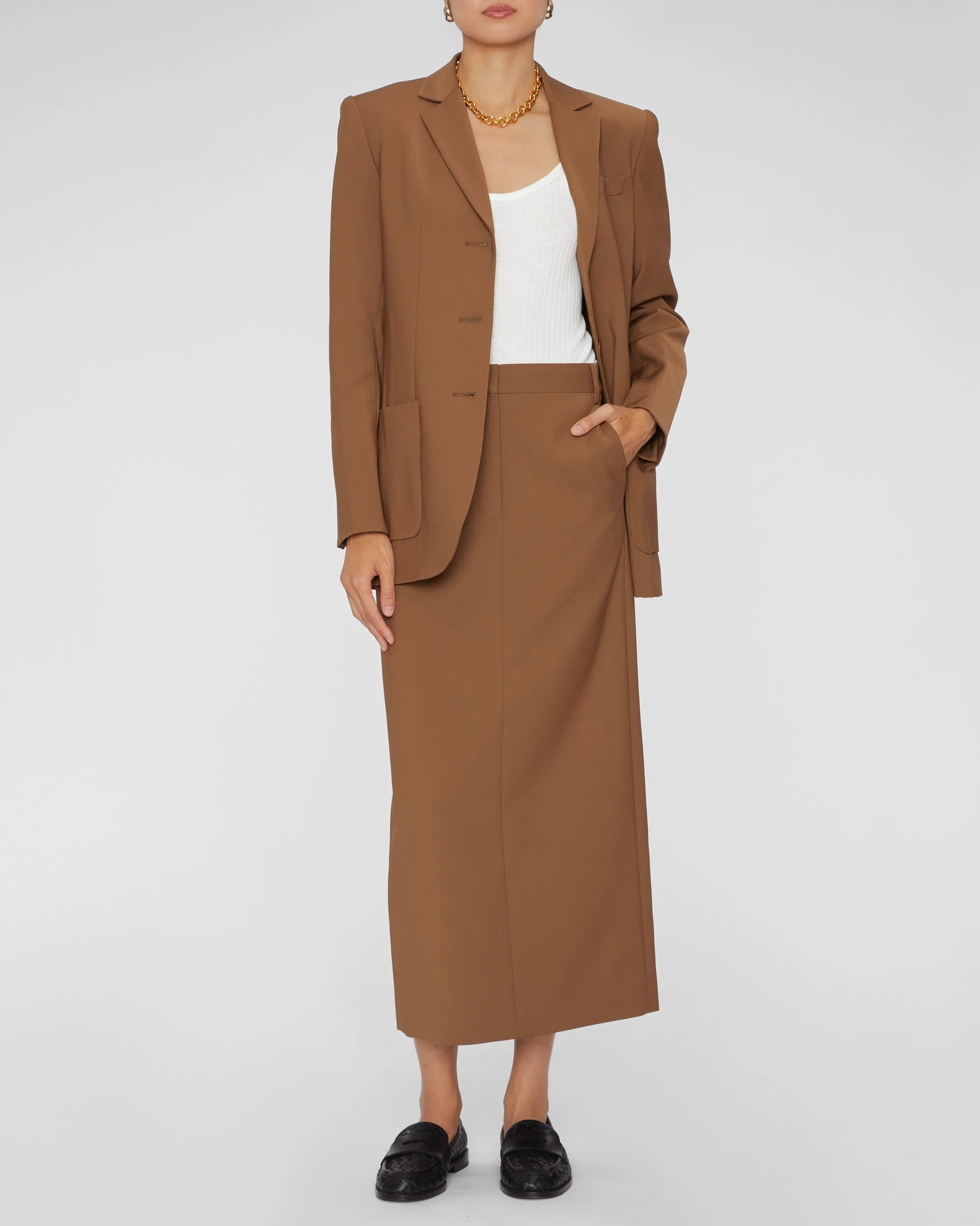 Tropical Wool Maxi Trouser Skirt in Toffee