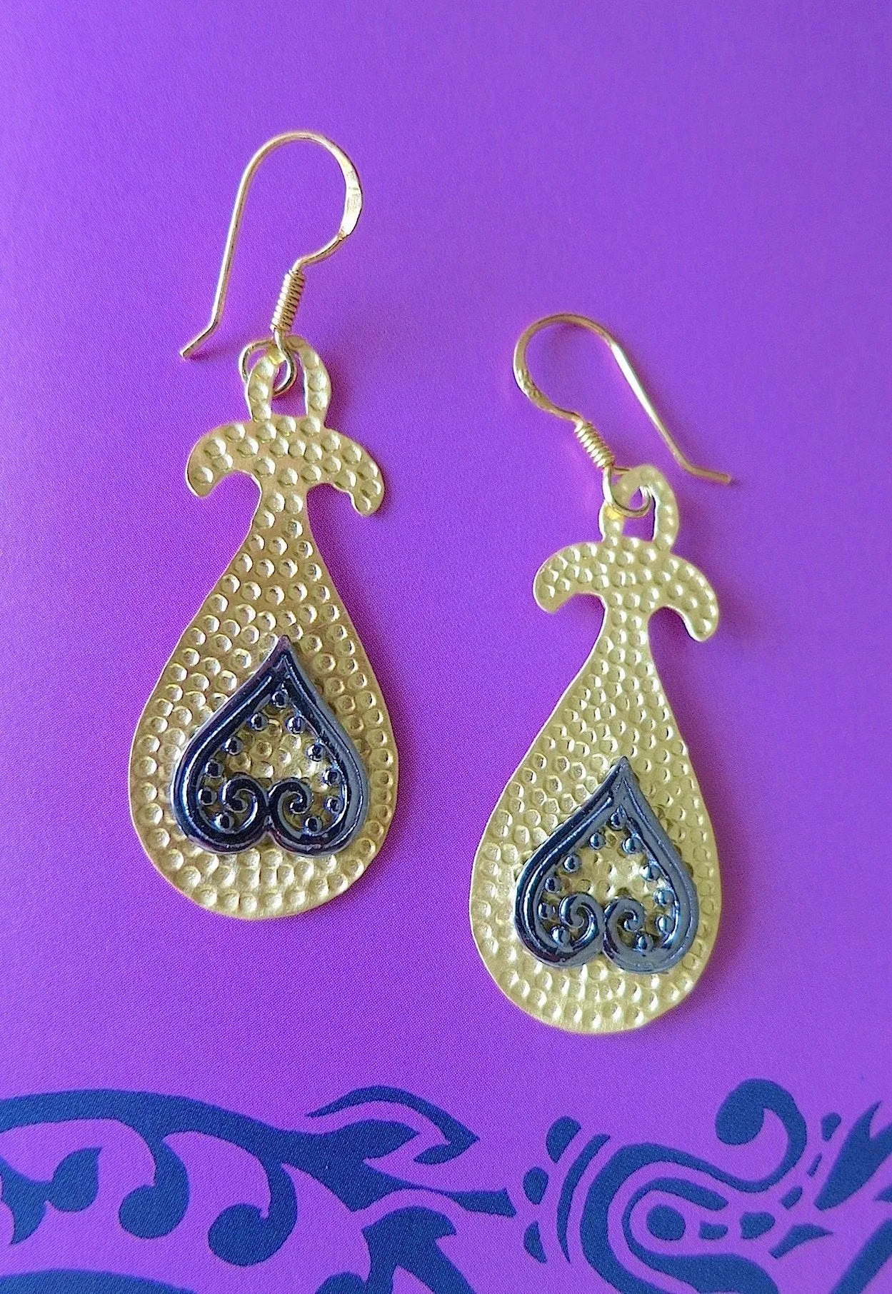 Turkish, hammer finish, gold plated earrings with mehndi inspired black rhodium plated detailing