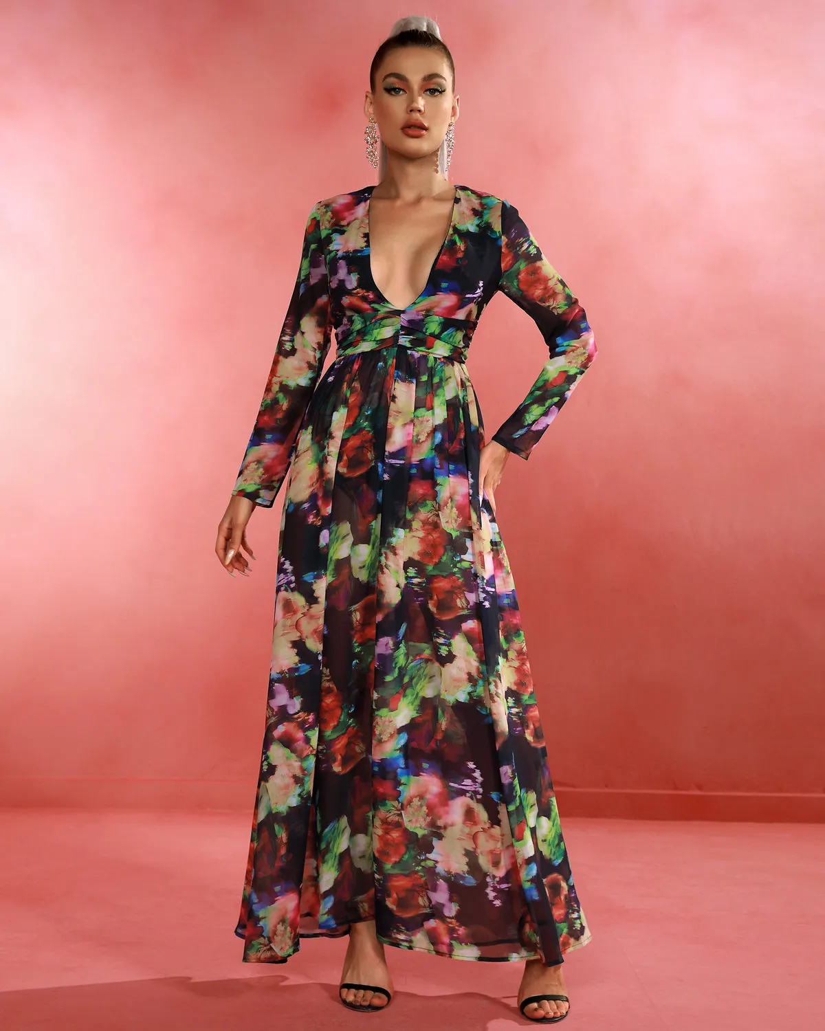 V Neck Floral Print Maxi Dress