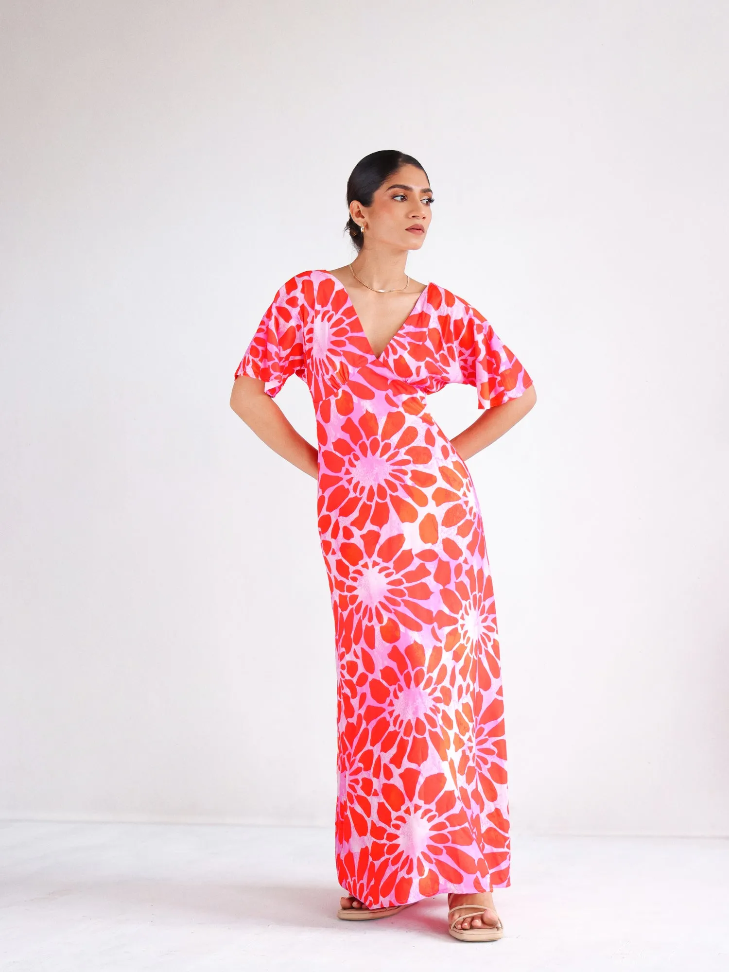 V Neck Printed Maxi Dress
