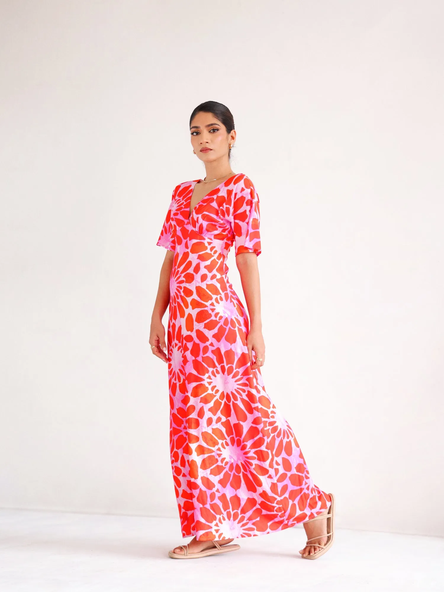V Neck Printed Maxi Dress