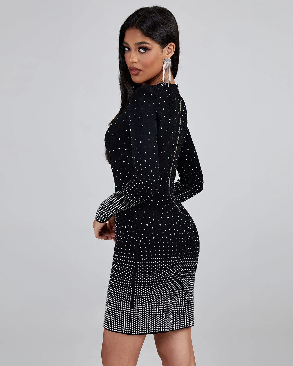 V Neck Rhinestone Mini Dress