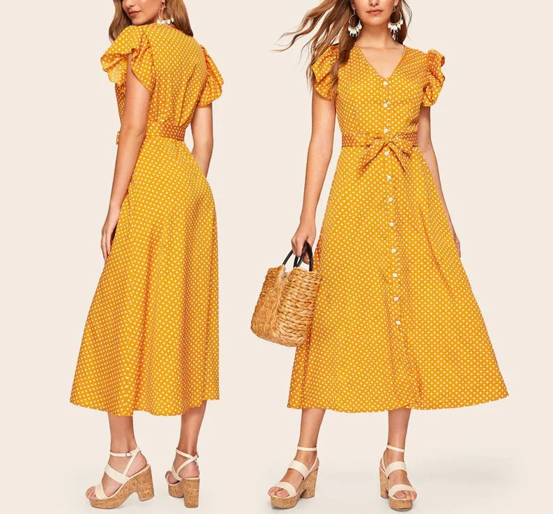 V-neck Ruffled Short-sleeved Single-breasted Polka Dot Dress