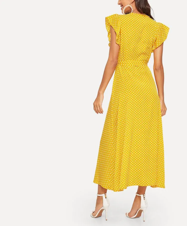 V-neck Ruffled Short-sleeved Single-breasted Polka Dot Dress