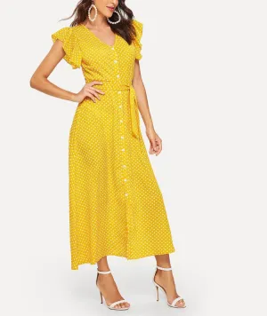 V-neck Ruffled Short-sleeved Single-breasted Polka Dot Dress