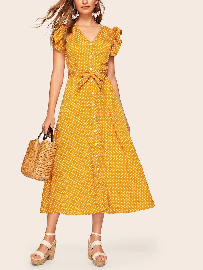 V-neck Ruffled Short-sleeved Single-breasted Polka Dot Dress
