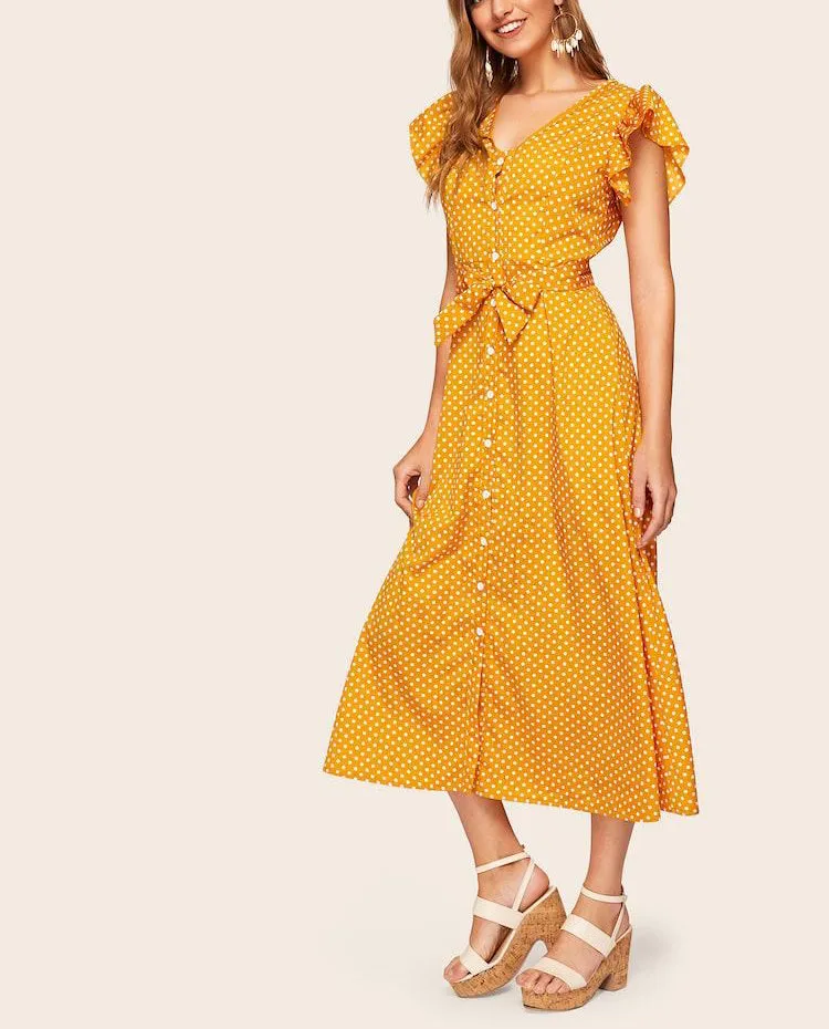 V-neck Ruffled Short-sleeved Single-breasted Polka Dot Dress