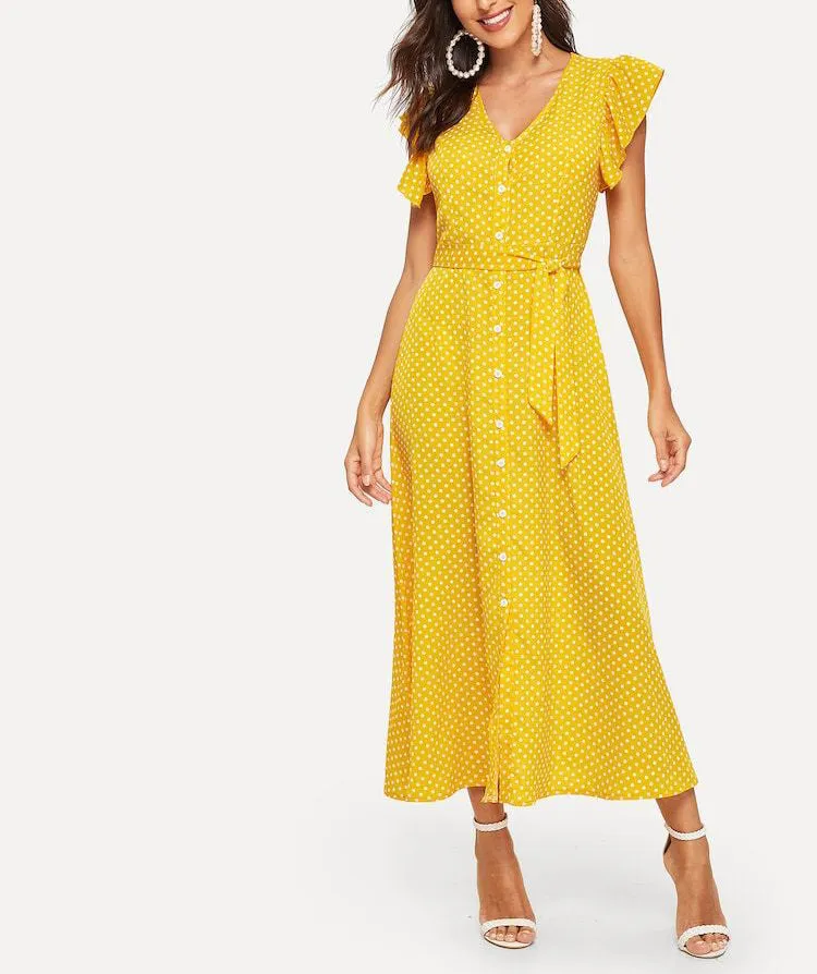 V-neck Ruffled Short-sleeved Single-breasted Polka Dot Dress