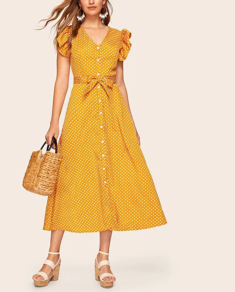 V-neck Ruffled Short-sleeved Single-breasted Polka Dot Dress