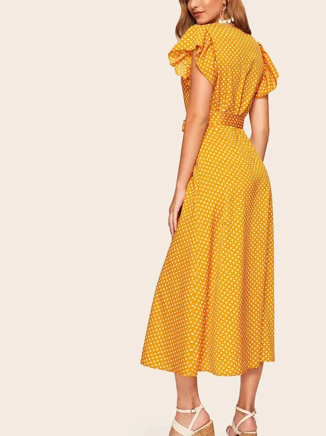 V-neck Ruffled Short-sleeved Single-breasted Polka Dot Dress