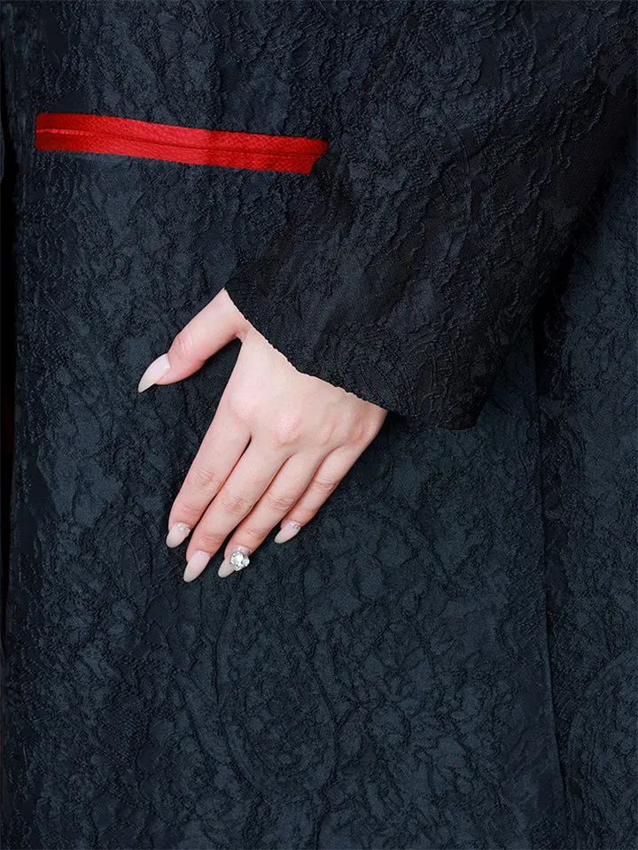 Vintage Black Tassel Design V Neck Jacquard Overcoat for Women