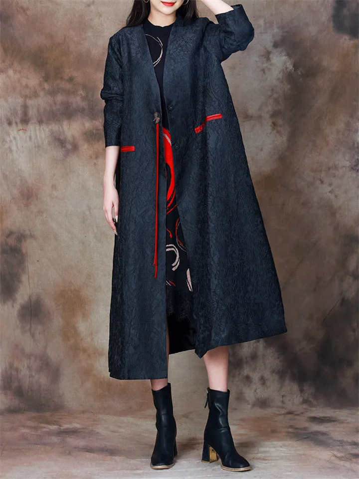 Vintage Black Tassel Design V Neck Jacquard Overcoat for Women