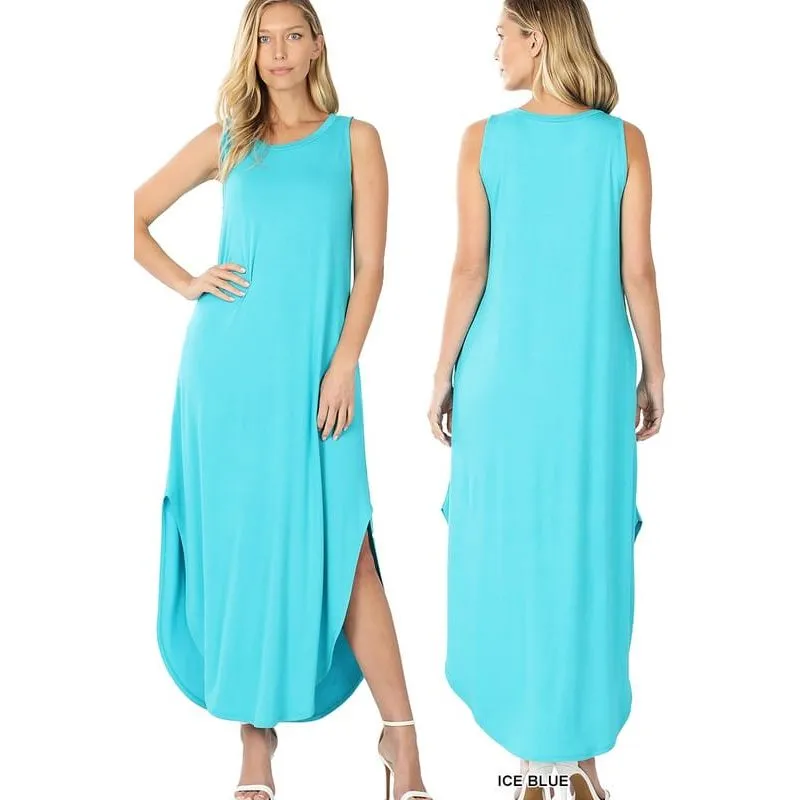 Viscose sleeveless maxi dress side slits pockets