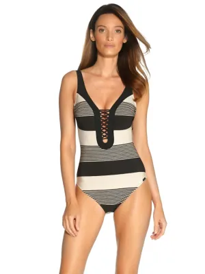 Voyage Laced Underwire Plunge One Piece Black Sand