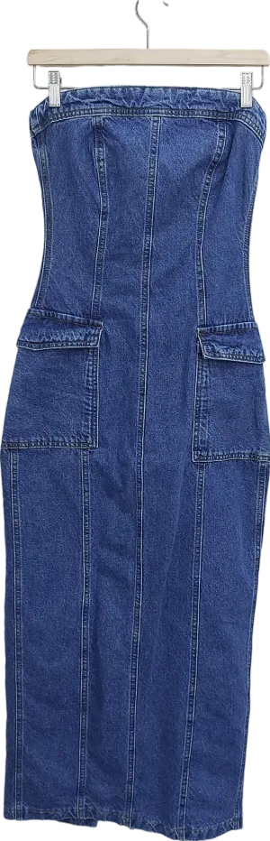Warehouse Blue Bandeau Denim Cargo Maxi Dress UK 8