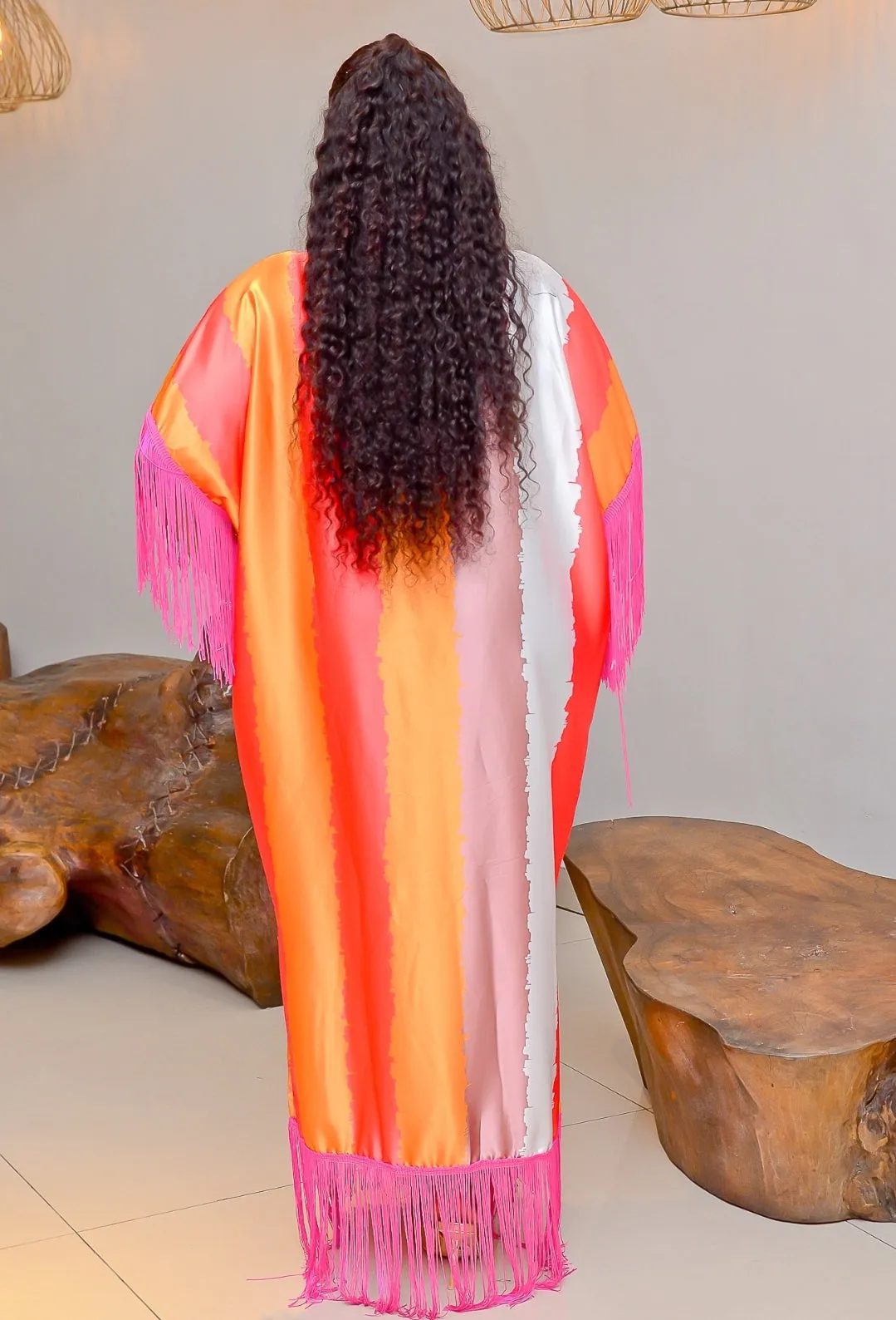 Wealthy Lady- Color Stripes Fringy Kaftan Maxi (New)