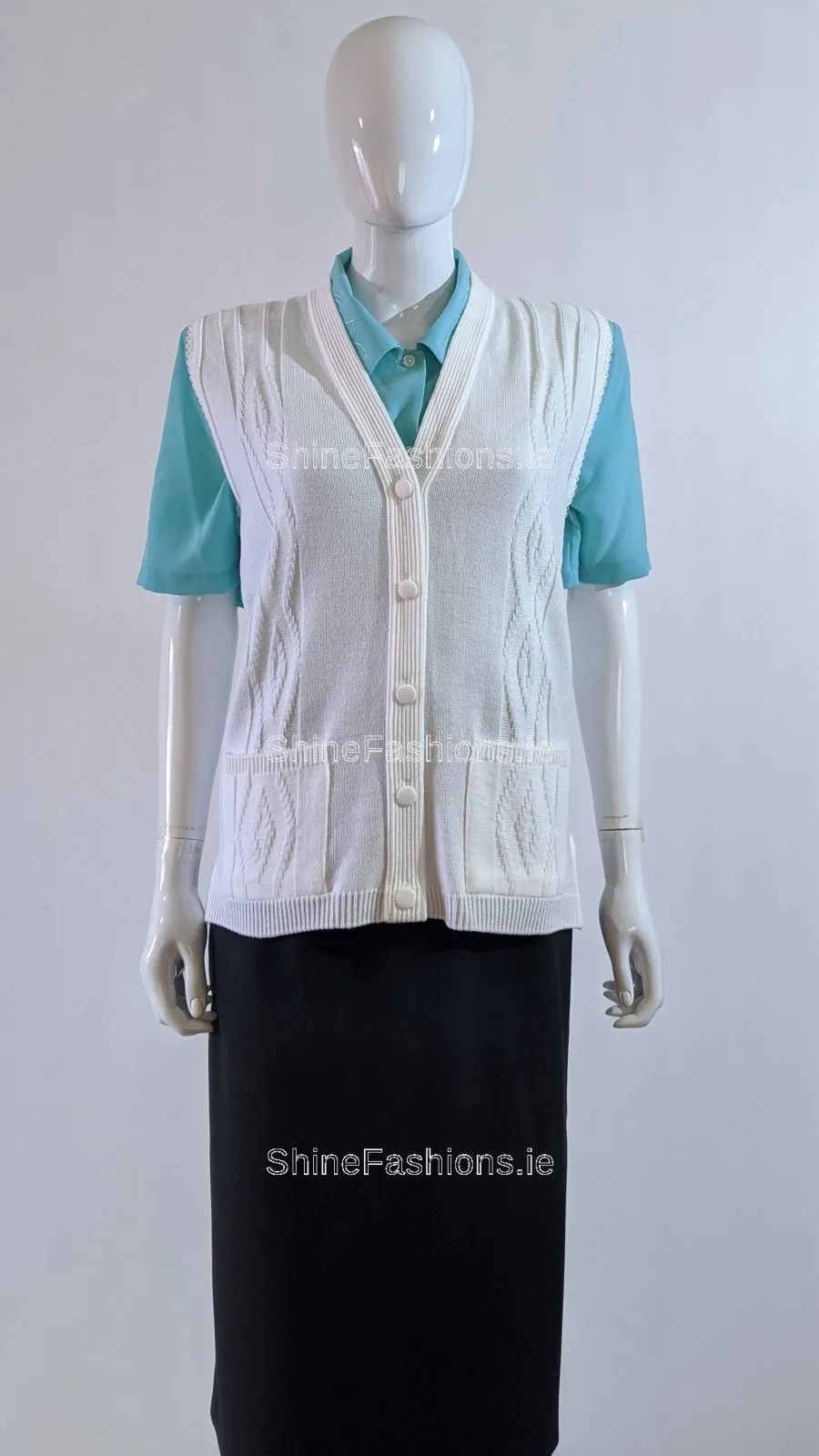 White Button Up Knitted Waistcoat Cardigan with Pockets