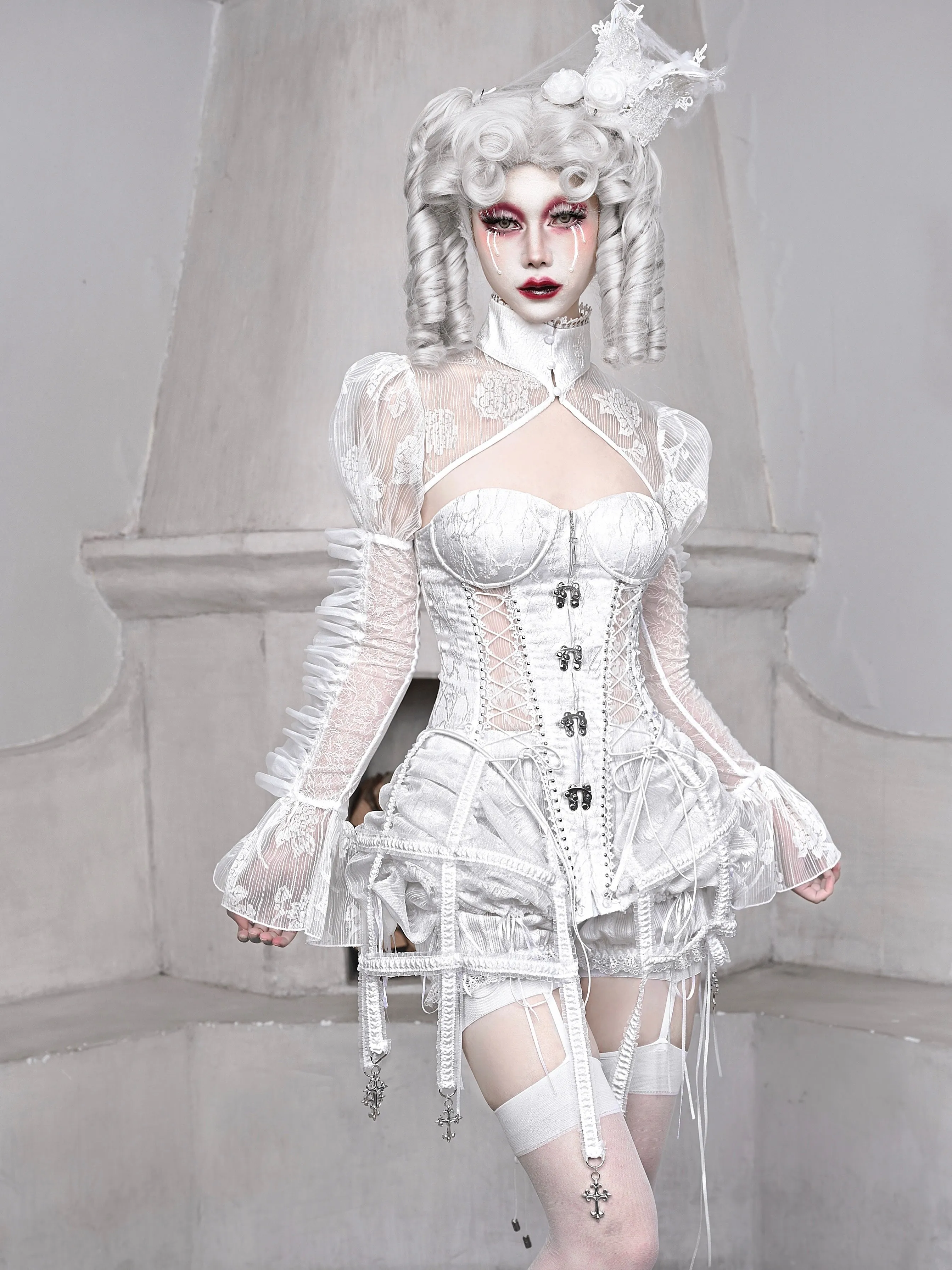 WHITE CHIFFON MESH OUTWEAR KF83730