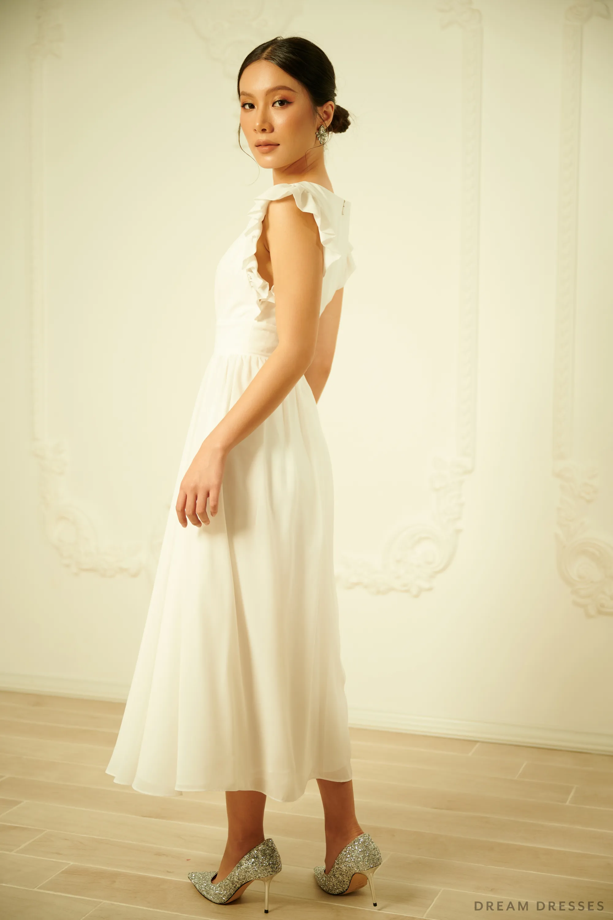 White Chiffon Rehearsal Dinner Dress (#VELIA)