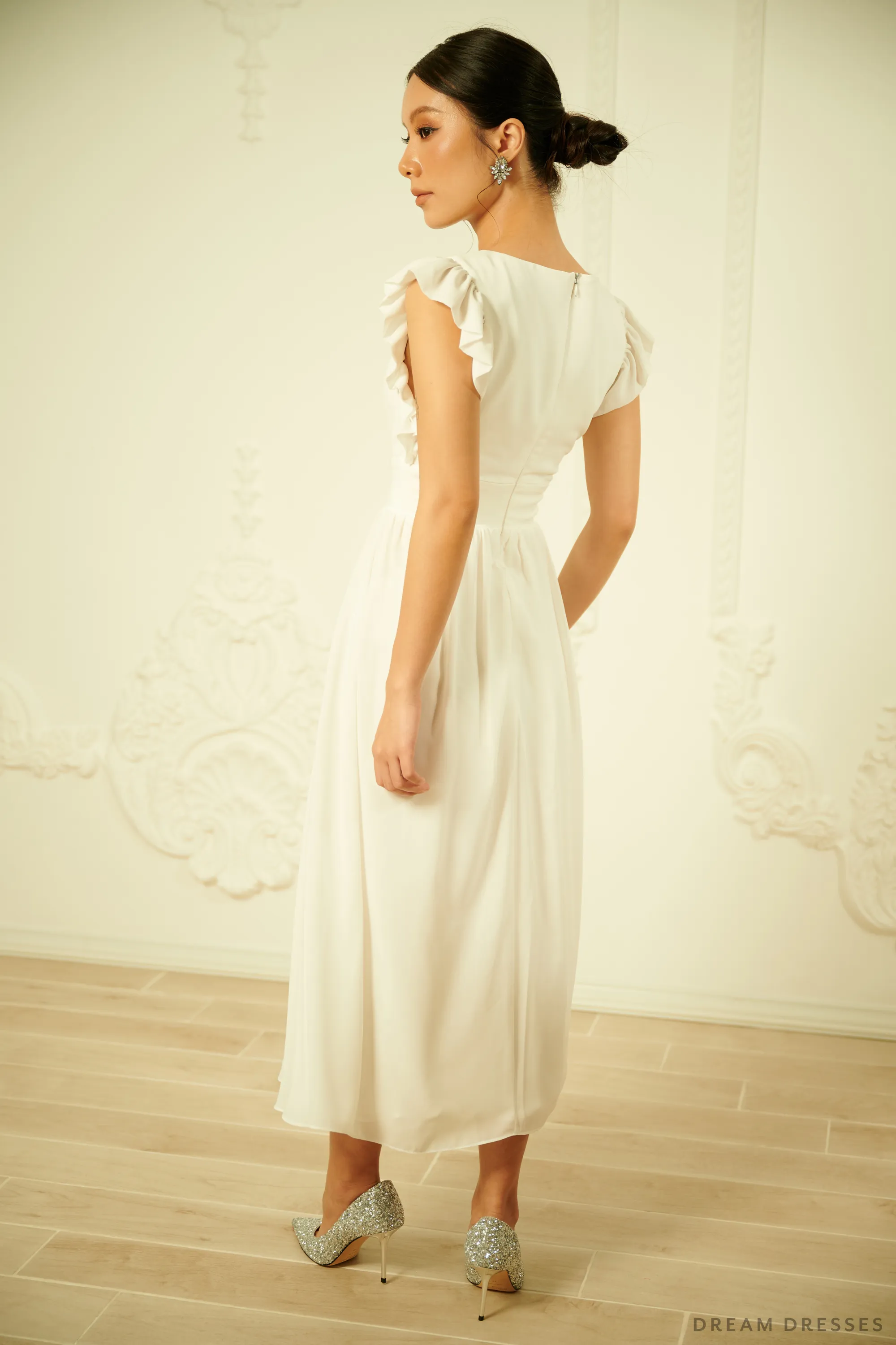 White Chiffon Rehearsal Dinner Dress (#VELIA)