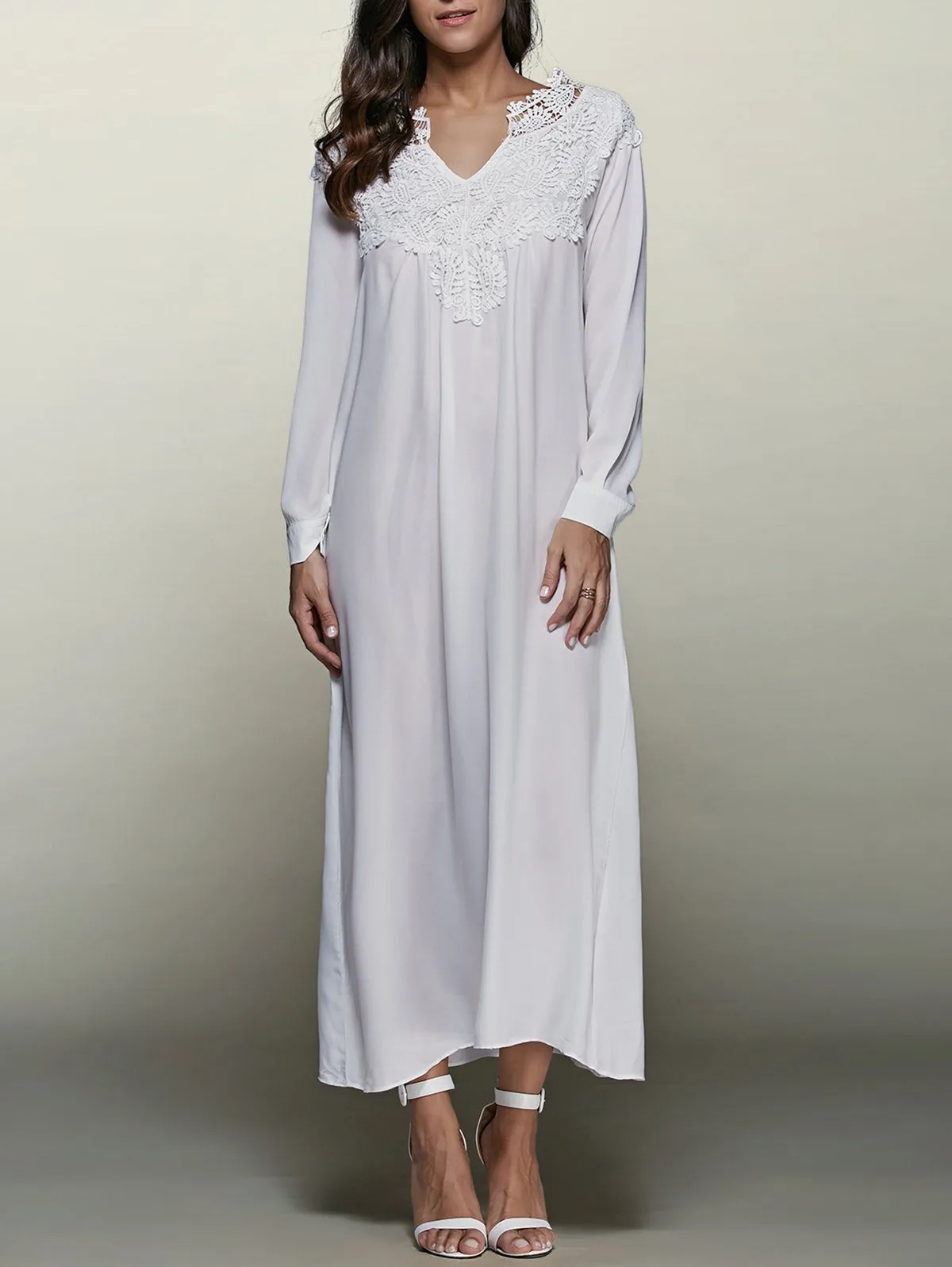 White Crochet Trim Maxi Flowing Dress