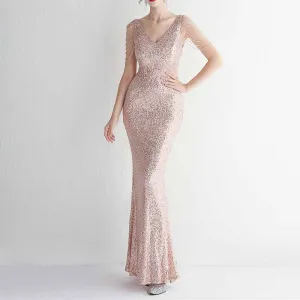 Women Sequin Bridesmaid Dress Sleeveless Maxi Evening Prom Dresses