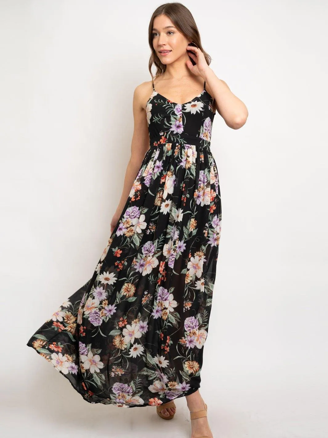 WOMEN'S BLACK FLORAL OPEN BACK MAXI DRESS