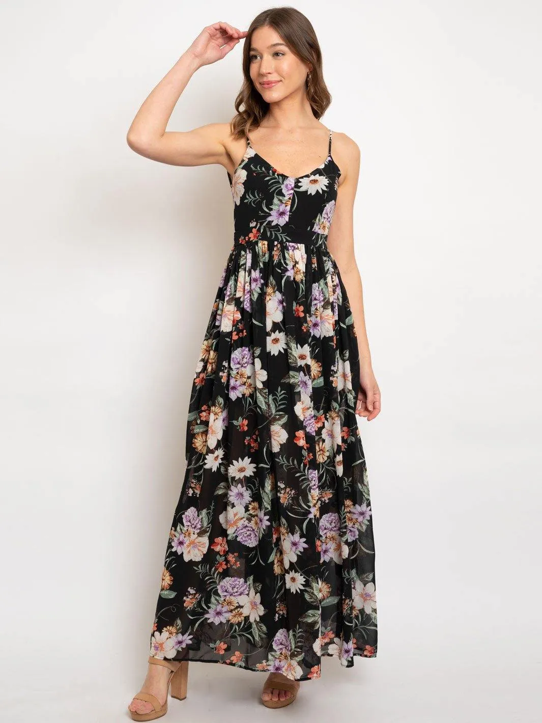 WOMEN'S BLACK FLORAL OPEN BACK MAXI DRESS