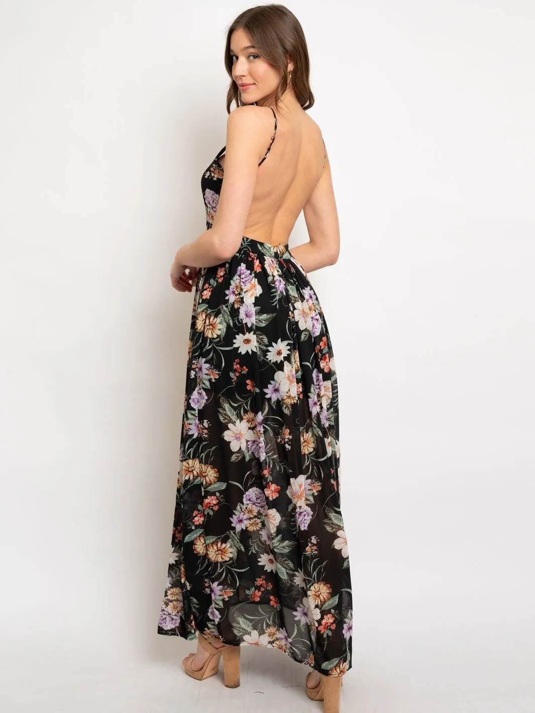 WOMEN'S BLACK FLORAL OPEN BACK MAXI DRESS