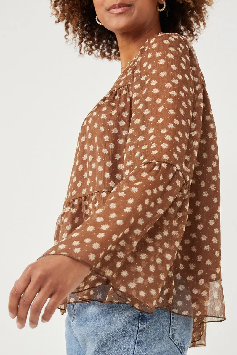 Womens Daisy Print Tiered Chiffon Top