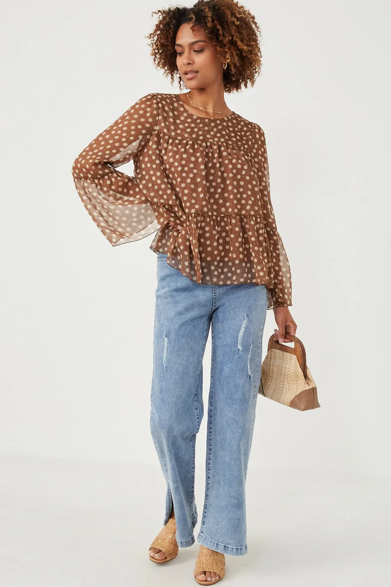 Womens Daisy Print Tiered Chiffon Top