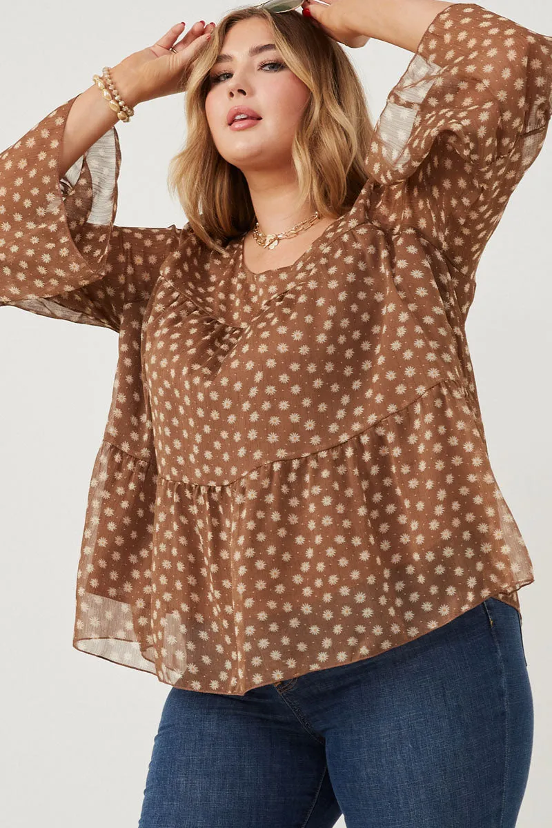 Womens Daisy Print Tiered Chiffon Top