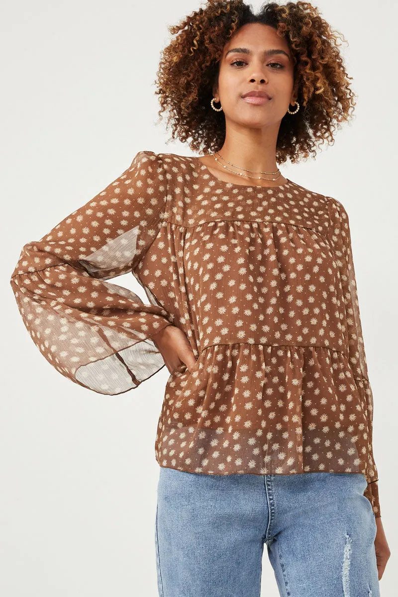 Womens Daisy Print Tiered Chiffon Top