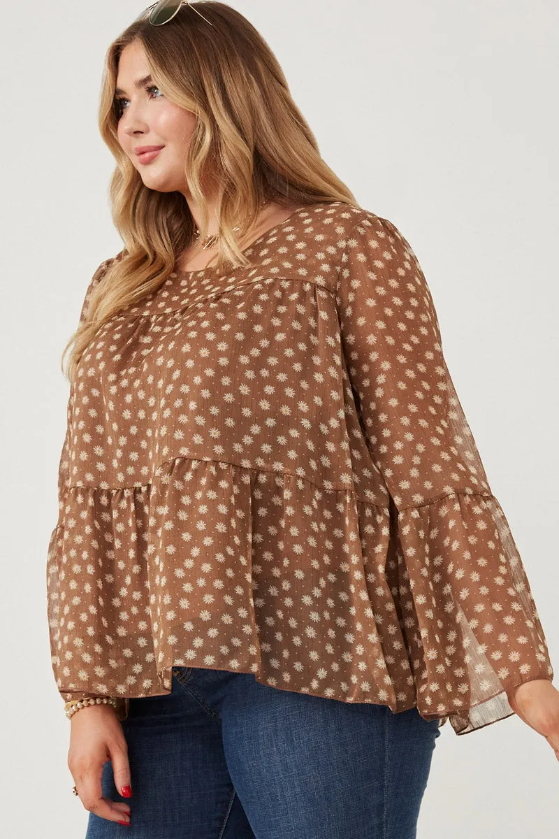 Womens Daisy Print Tiered Chiffon Top