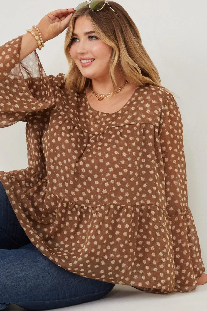 Womens Daisy Print Tiered Chiffon Top