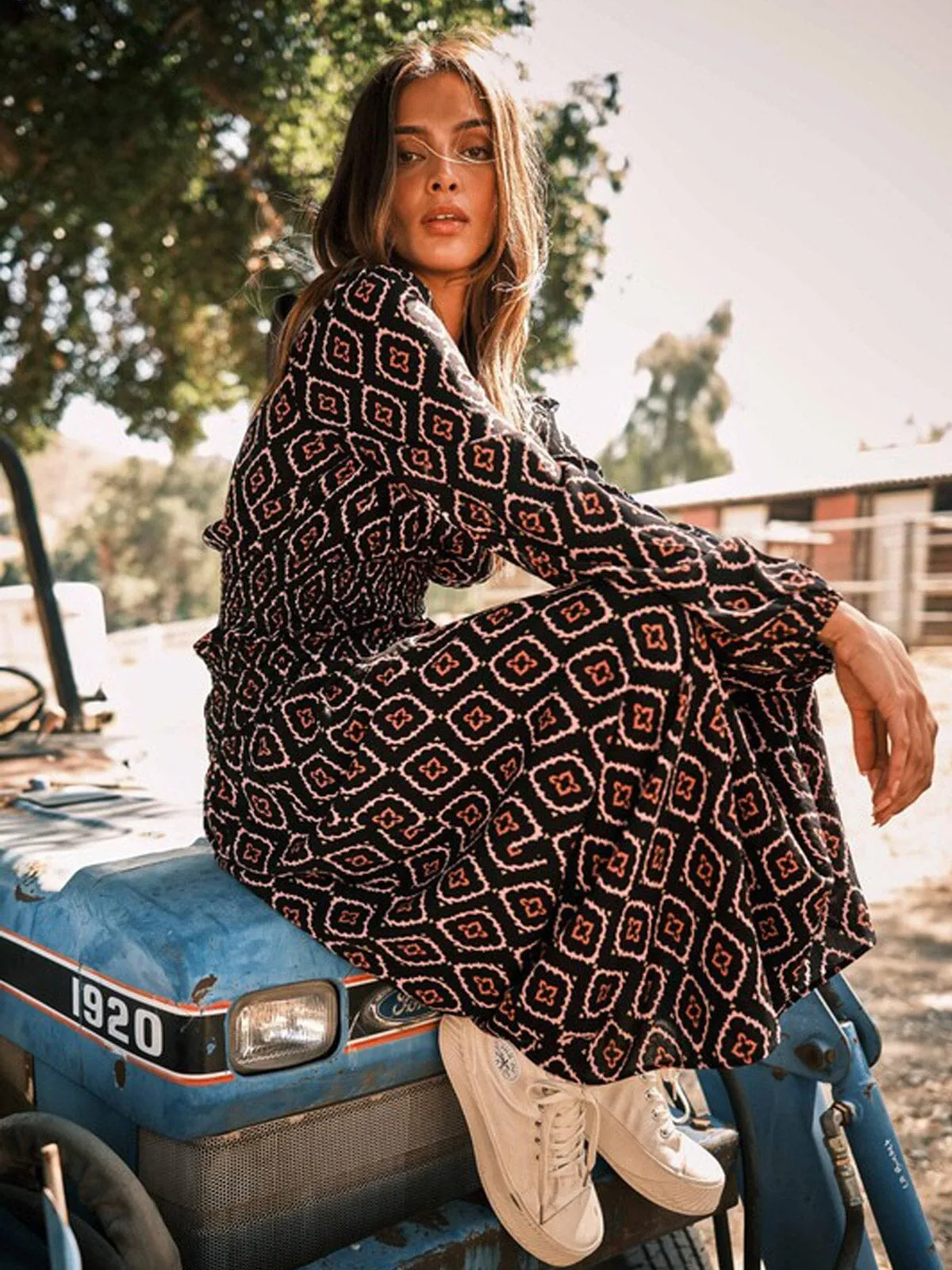 WOMEN'S ELASTIC WAIST MULTI PRINT MAXI SKIRT