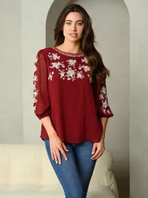WOMEN'S EMBROIDERED FLORAL DETAIL SWISS DOT CHIFFON TOP