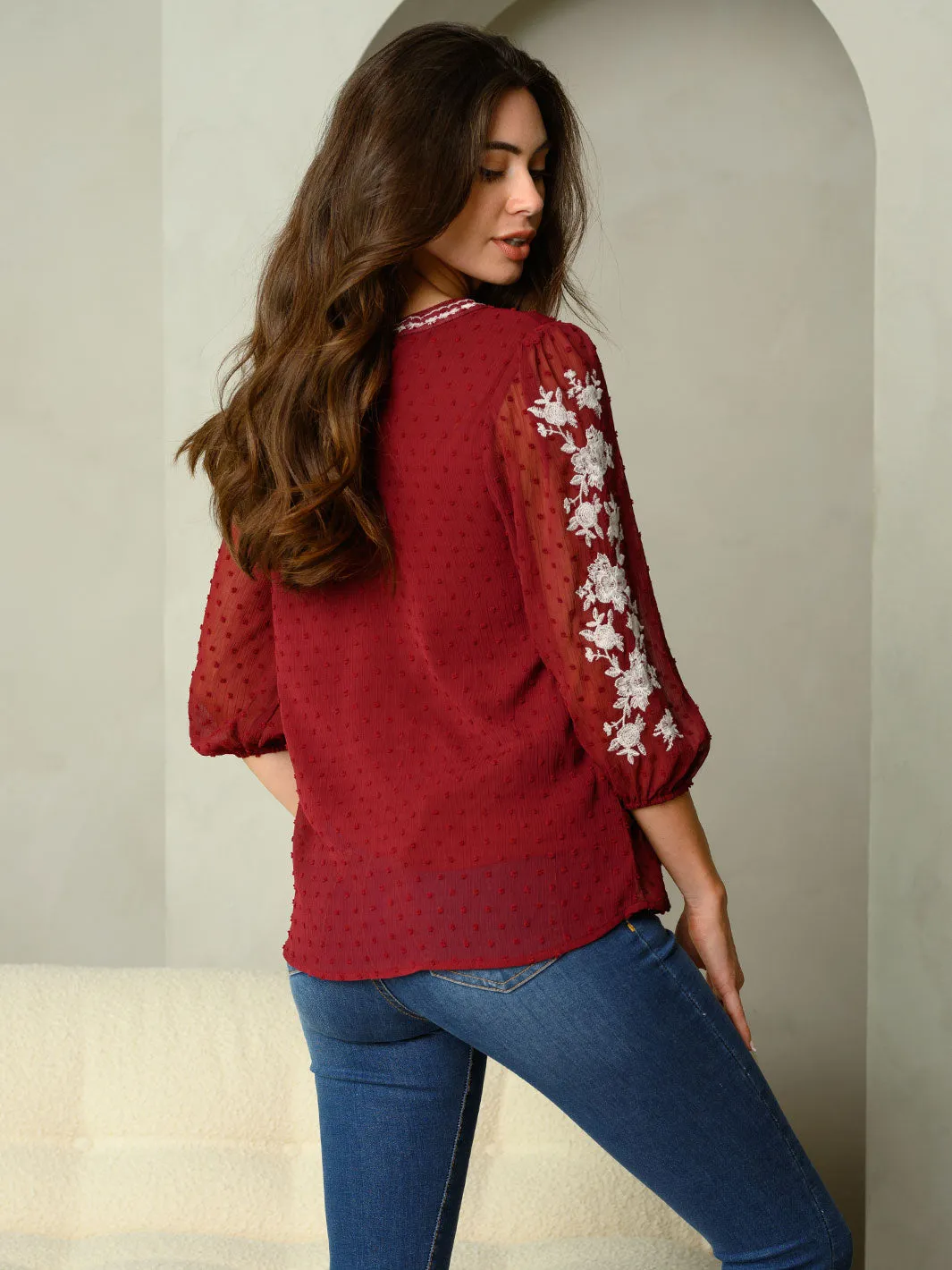 WOMEN'S EMBROIDERED FLORAL DETAIL SWISS DOT CHIFFON TOP